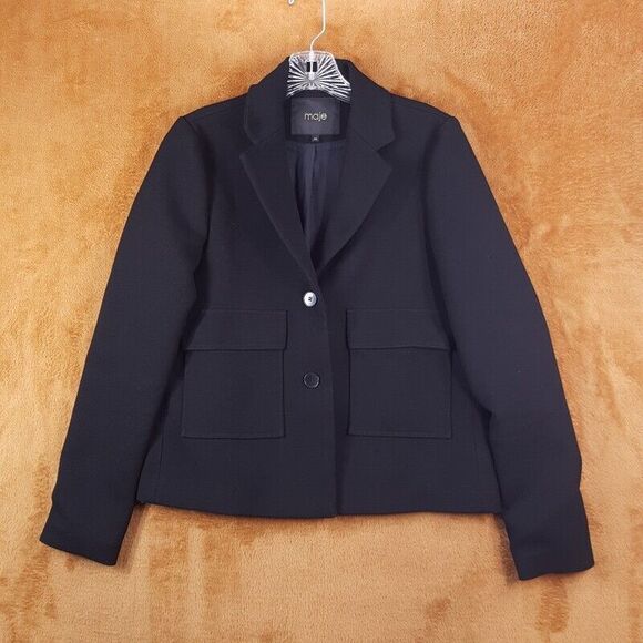 MAJE Jacket Womens Size 38 Black Structured Front Pockets 2 Button Blazer - Picture 1 of 7